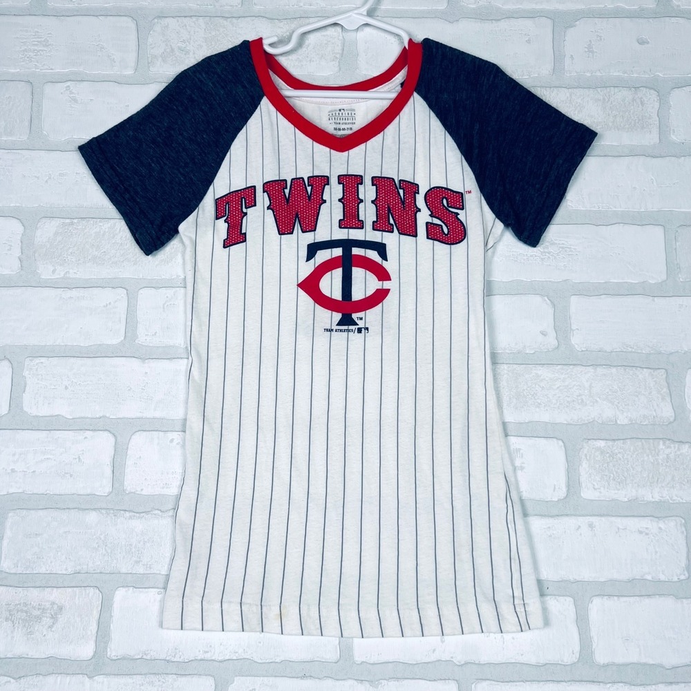 Minnesota Twins Brian Dozier 2 Pinstripe Raglan T-Shirt Kids Size M 7/8 White
